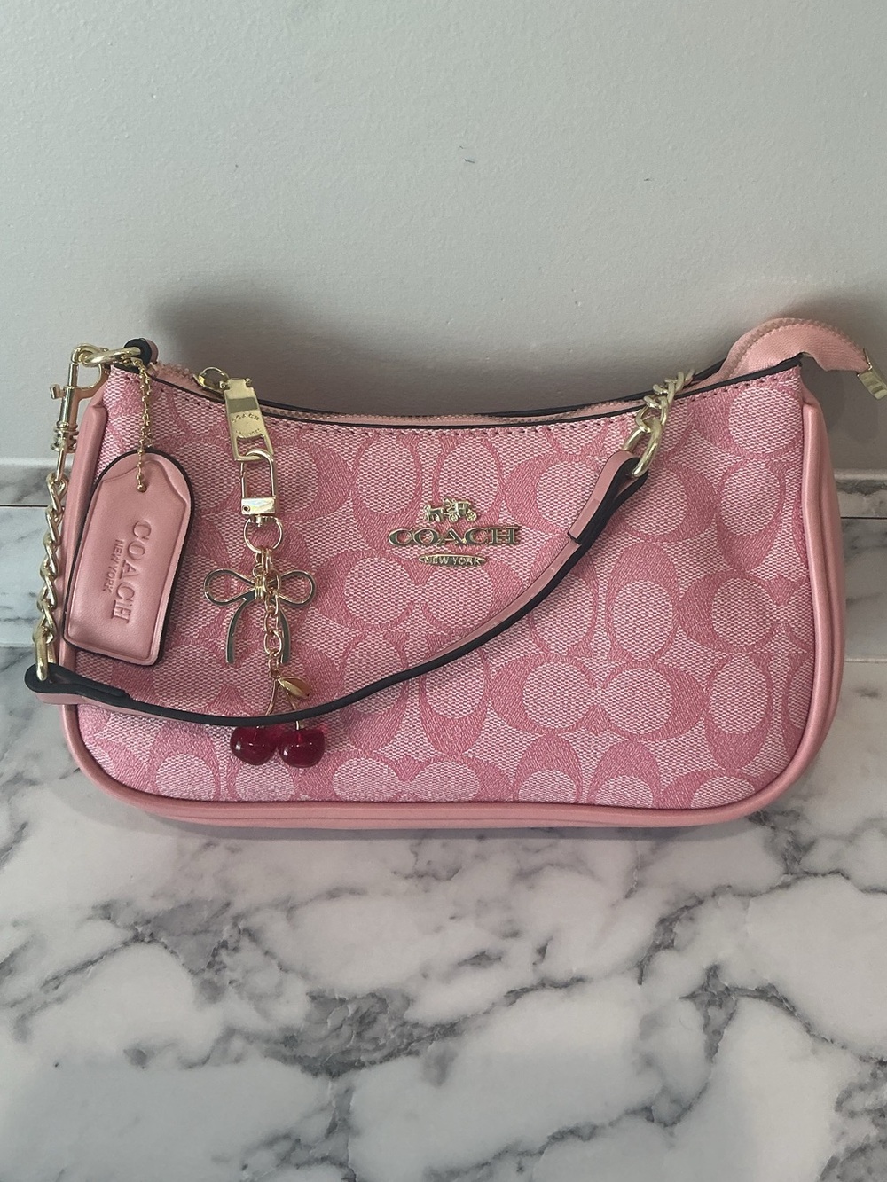 Coach Pink Signature Shoulder Bag with Charm Detail